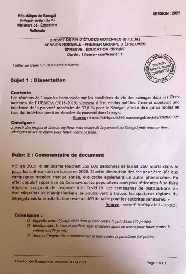sujet de dissertation 3eme senegal pdf
